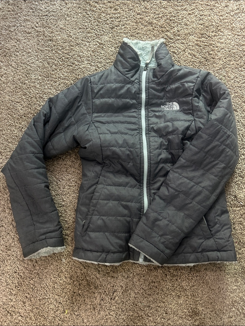 The North Face Gray Quilted Jacket with Light Gray Trim